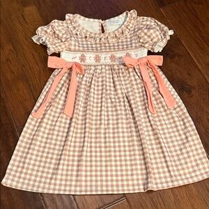 Smocked Gingham Kids Dress in Peach and Cream